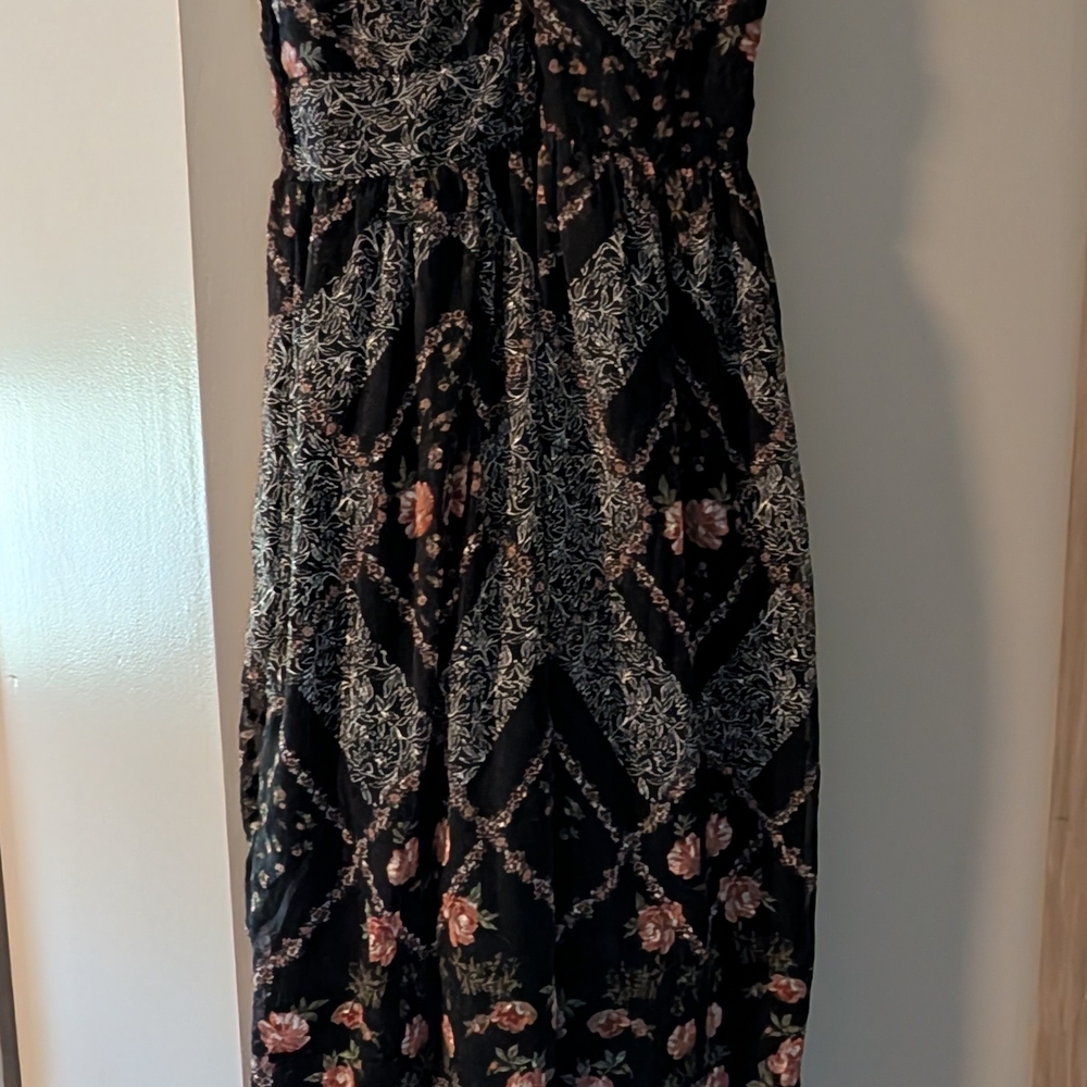 Angie Strapless Black and Pink Floral Dress